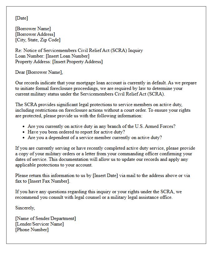 Pre-Foreclosure SCRA Compliance Inquiry Letter
