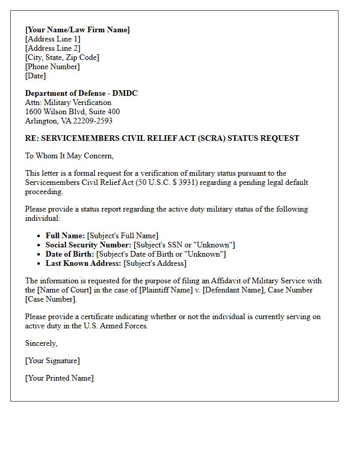 Servicemembers Civil Relief Act Default Inquiry Letter