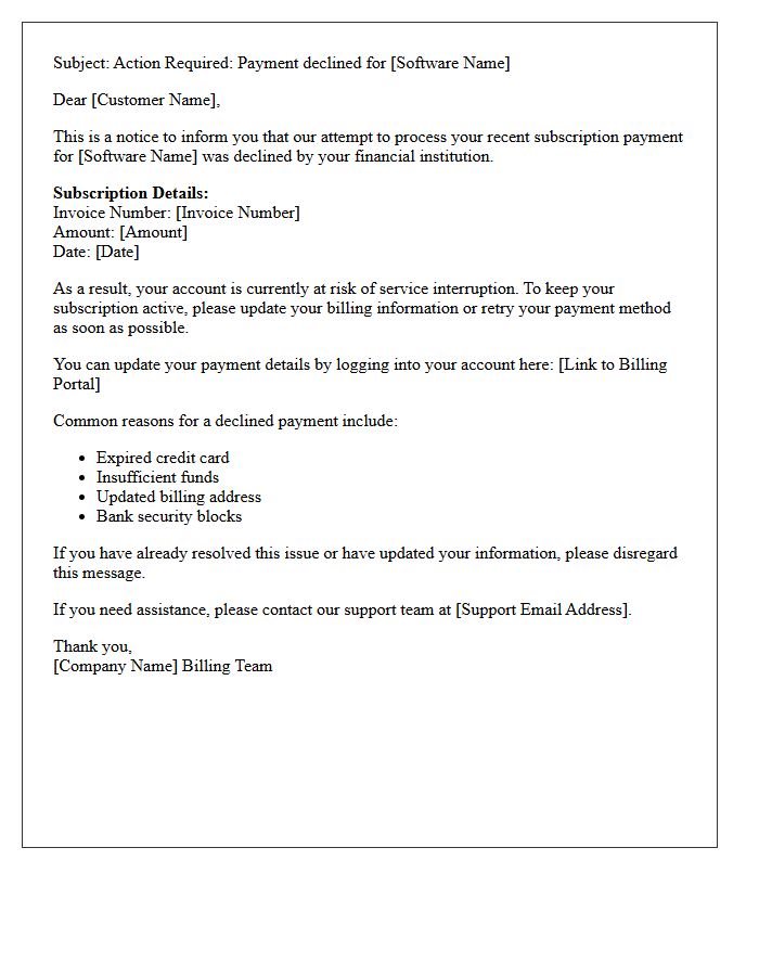 Declined Credit Card for Software Subscription Initial Notice Letter