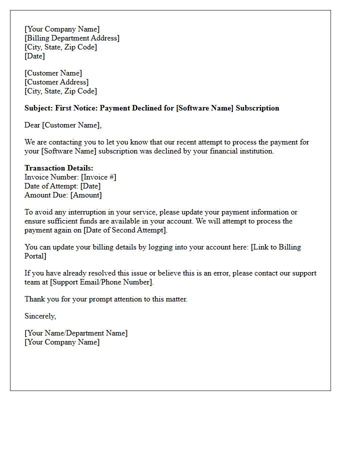 First Notice of Declined Payment for Software Subscription Letter