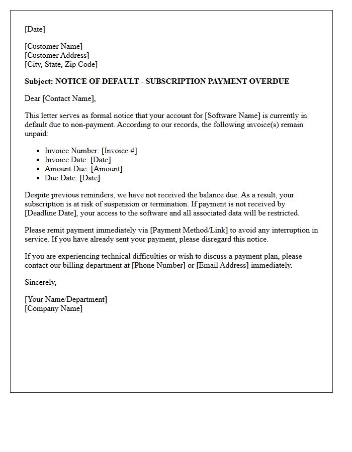 Notice of Default on Software Subscription Payment Letter