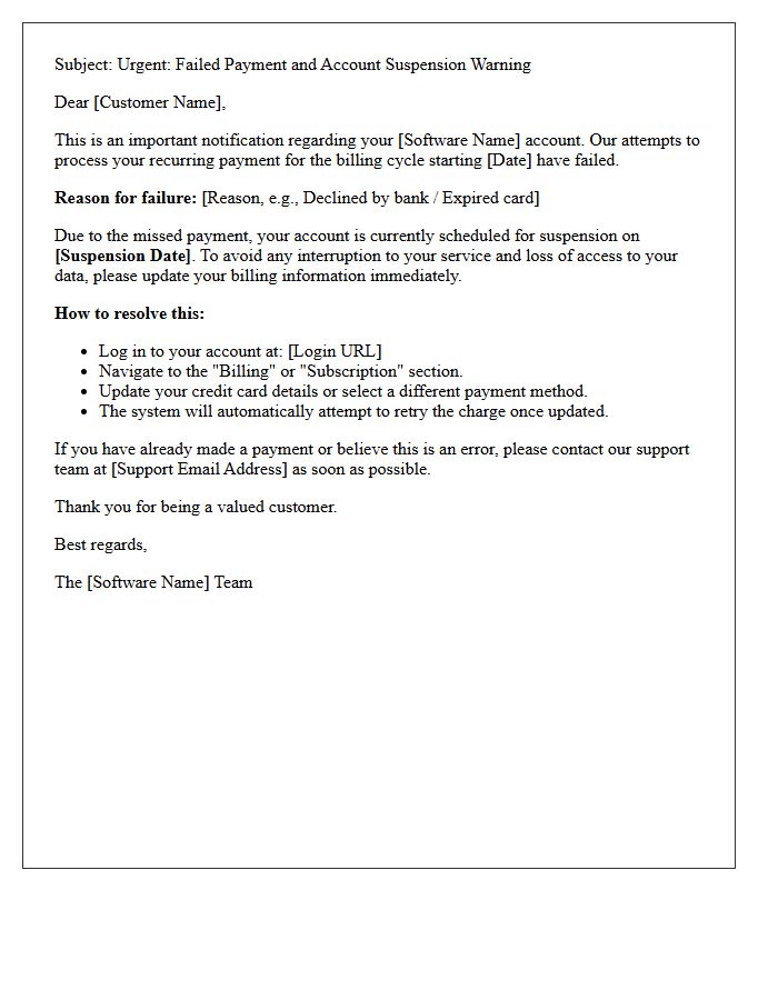 Software Account Suspension Warning and Failed Payment Letter