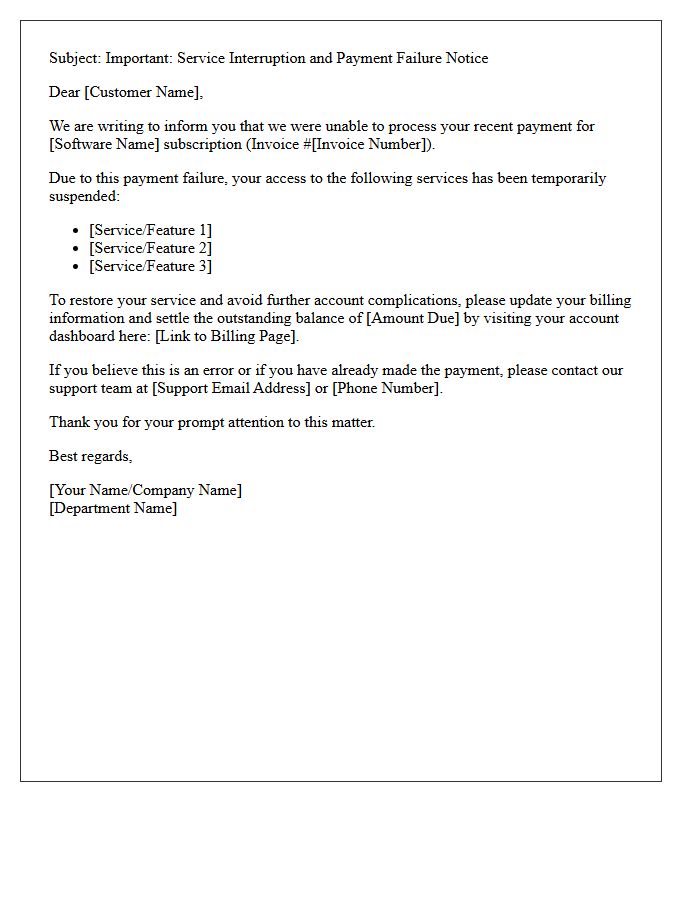 Software Service Interruption and Initial Failed Payment Letter