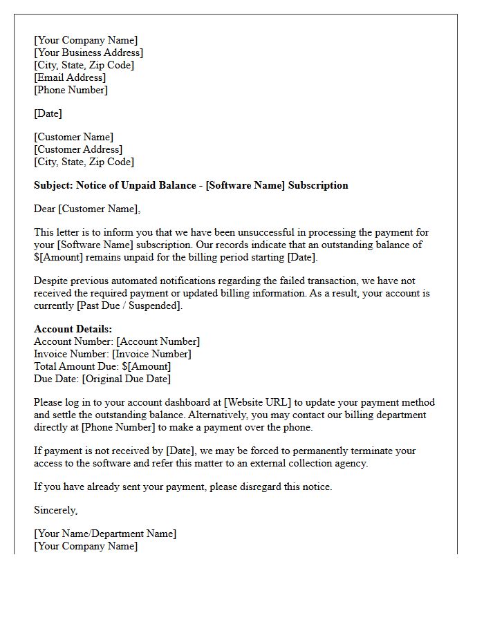 Unsuccessful Software Subscription Billing Initial Debt Collection Letter