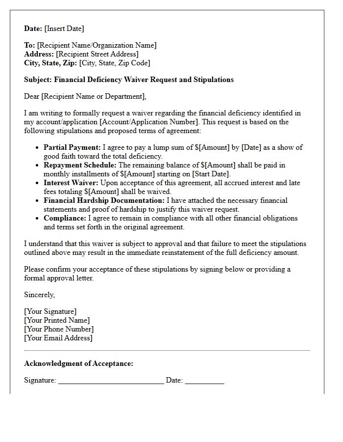 Financial Deficiency Waiver Letter Stipulations