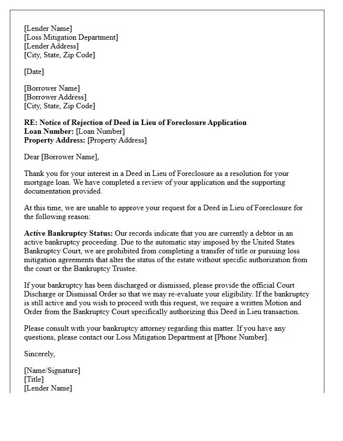 Active Bankruptcy Status Deed in Lieu Rejection Letter