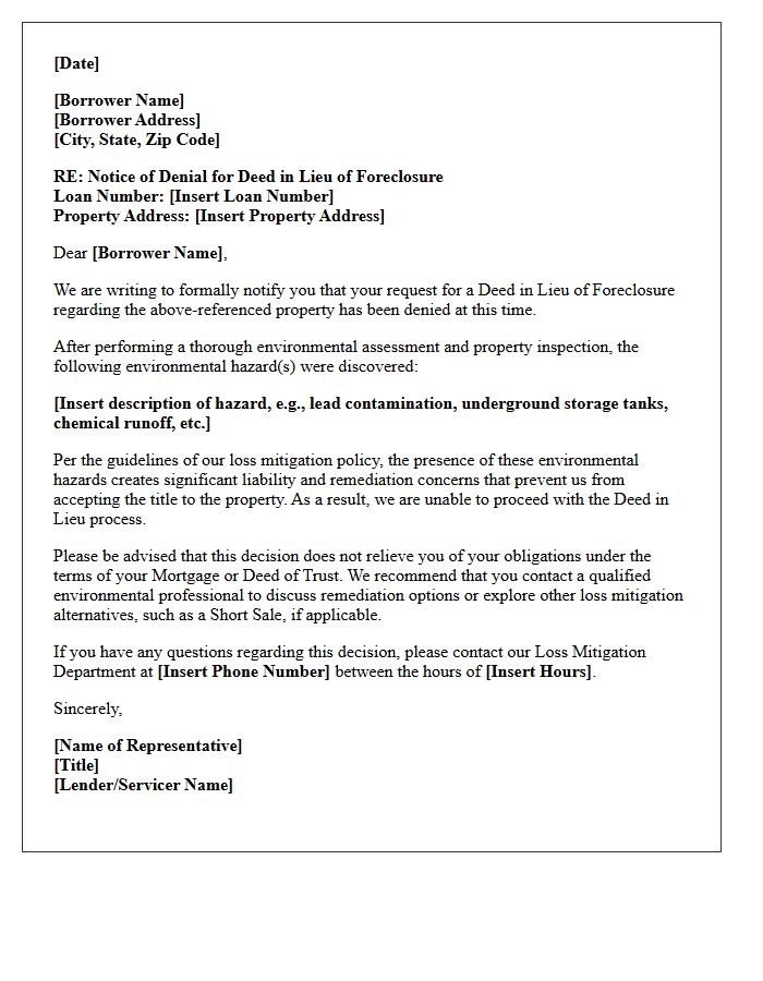 Environmental Hazard Discovery Deed in Lieu Denial Letter