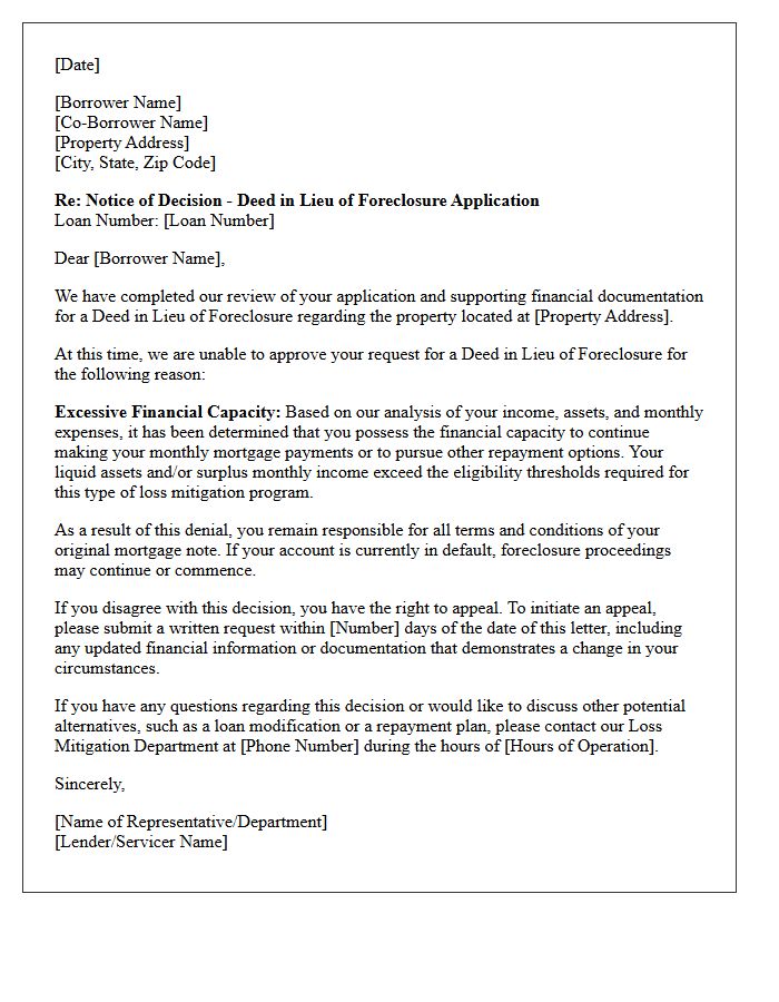 Excessive Borrower Financial Capacity Deed in Lieu Denial Letter