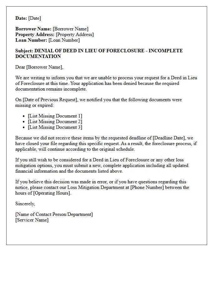 Incomplete Application Documentation Deed in Lieu Denial Letter