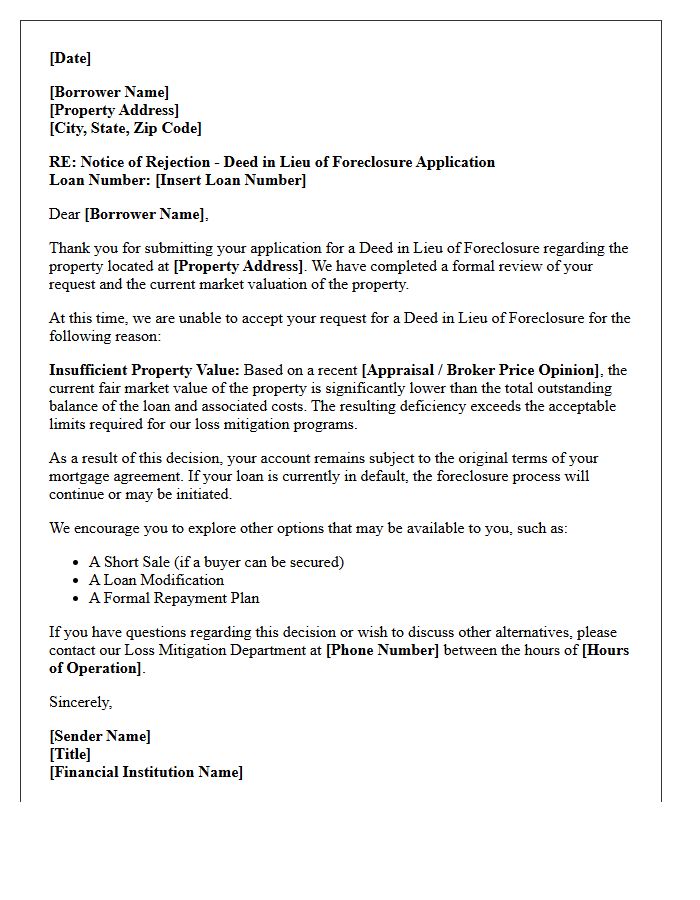 Insufficient Property Value Deed in Lieu Rejection Letter