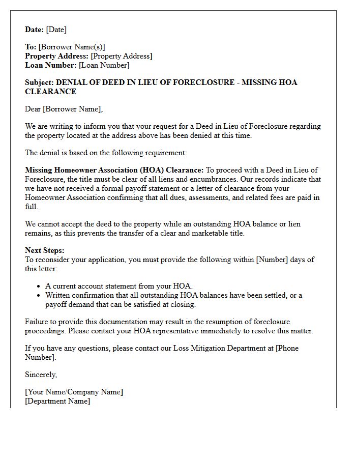 Missing Homeowner Association Clearance Deed in Lieu Denial Letter