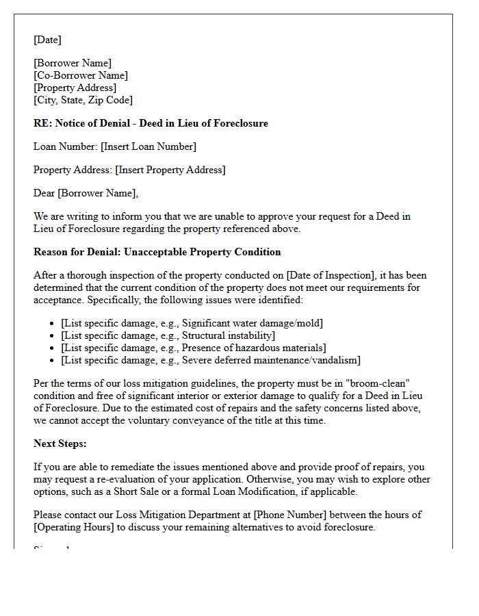 Unacceptable Property Condition Deed in Lieu Denial Letter