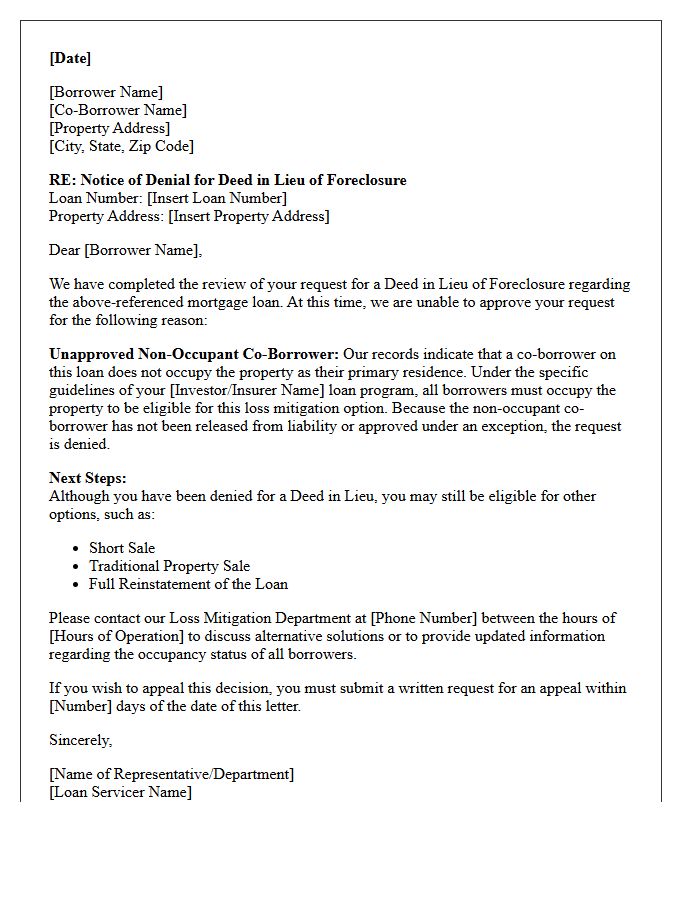 Unapproved Non-Occupant Co-Borrower Deed in Lieu Denial Letter
