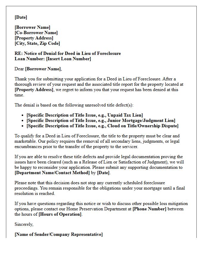 Unresolved Title Defect Deed in Lieu of Foreclosure Denial Letter
