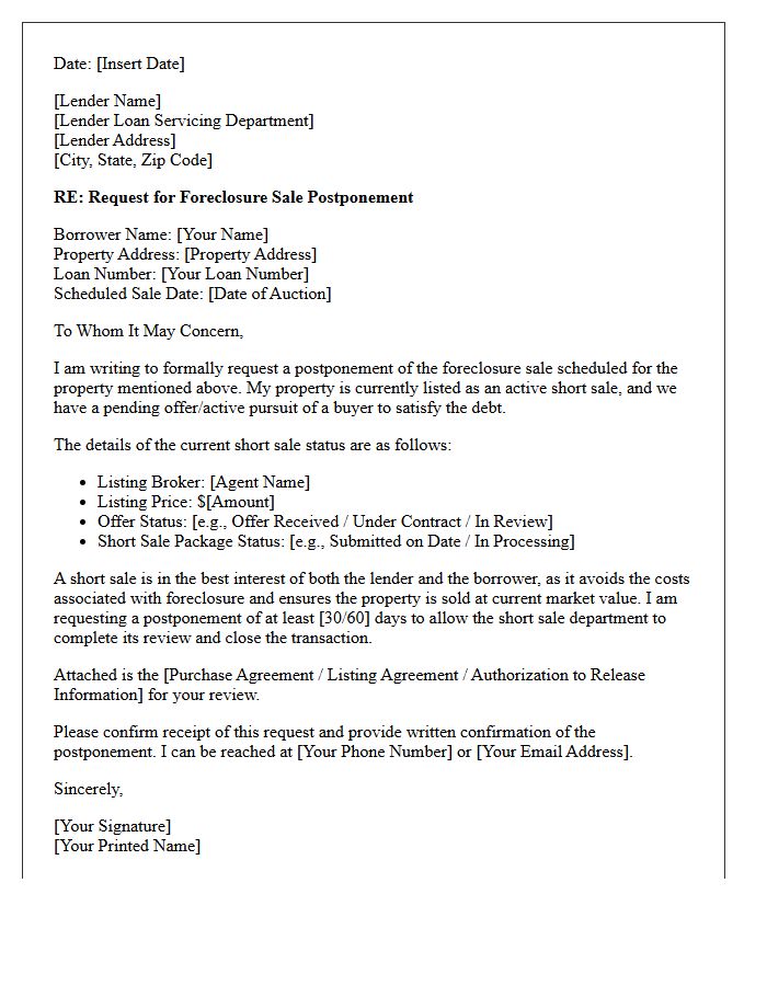 Active Short Sale Foreclosure Postponement Letter