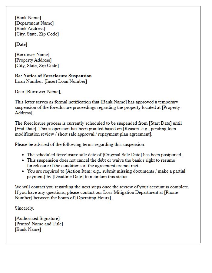Bank Approved Foreclosure Suspension Letter