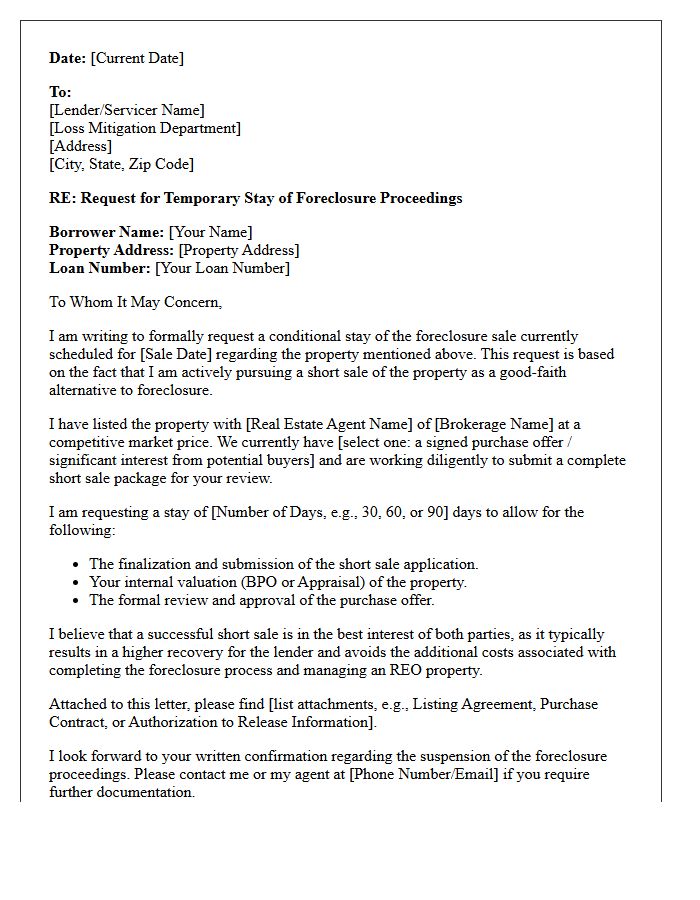 Conditional Short Sale Foreclosure Stay Letter
