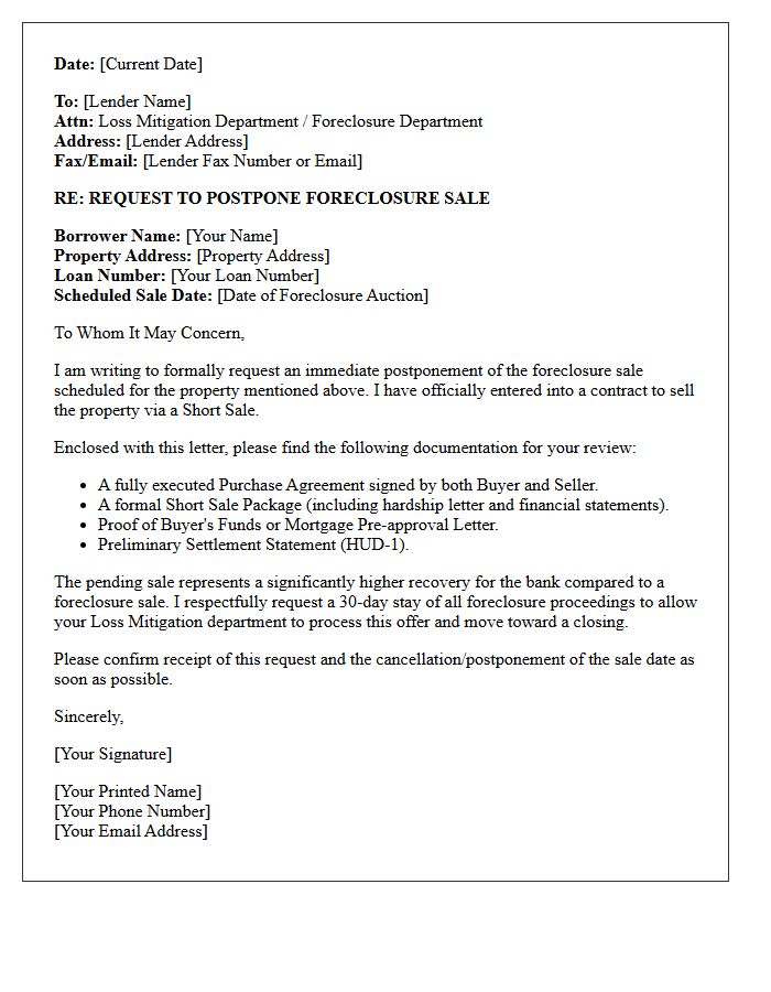 Short Sale Contract Foreclosure Halt Letter