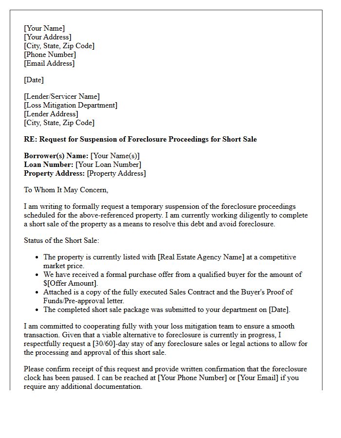 Short Sale Foreclosure Suspension Request Letter