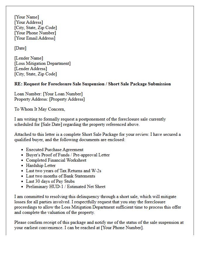 Short Sale Package Foreclosure Delay Letter