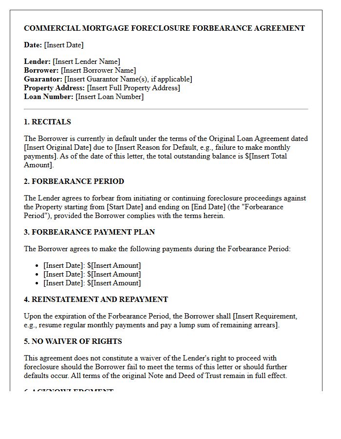 Commercial Mortgage Foreclosure Forbearance Agreement Letter