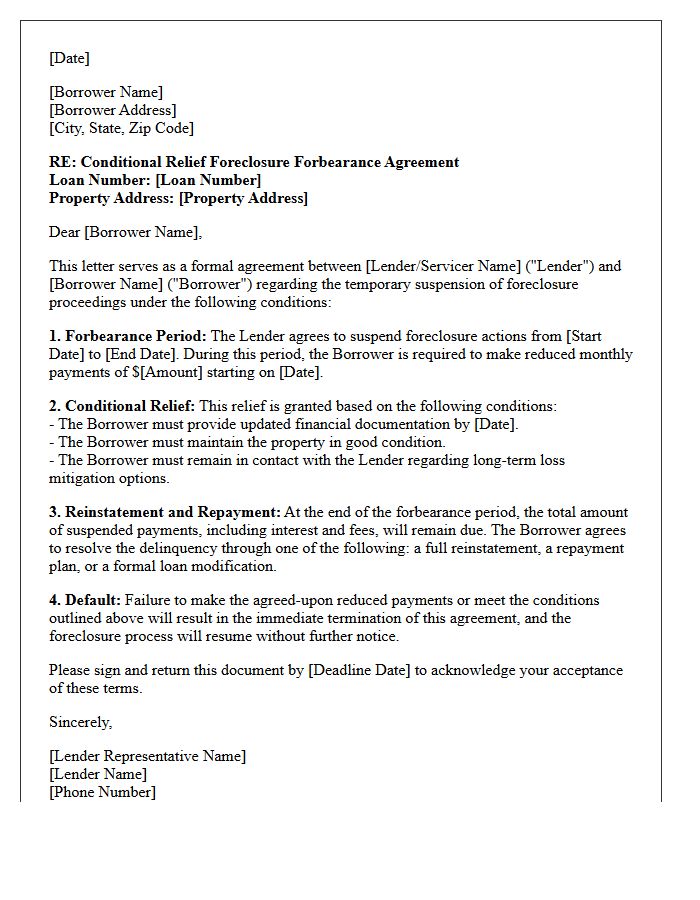 Conditional Relief Foreclosure Forbearance Agreement Letter