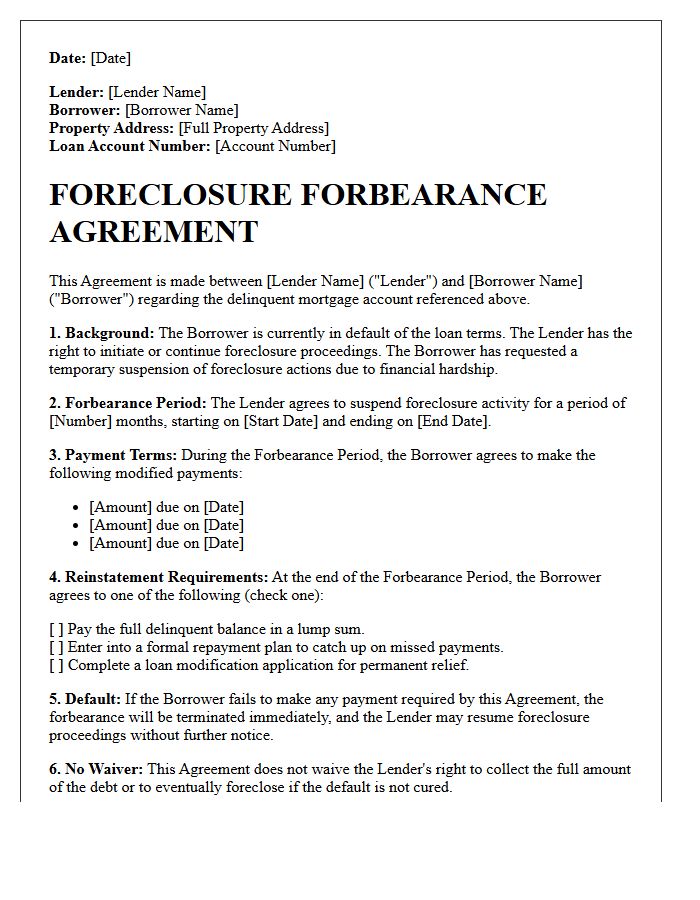 Delinquent Account Foreclosure Forbearance Agreement Letter