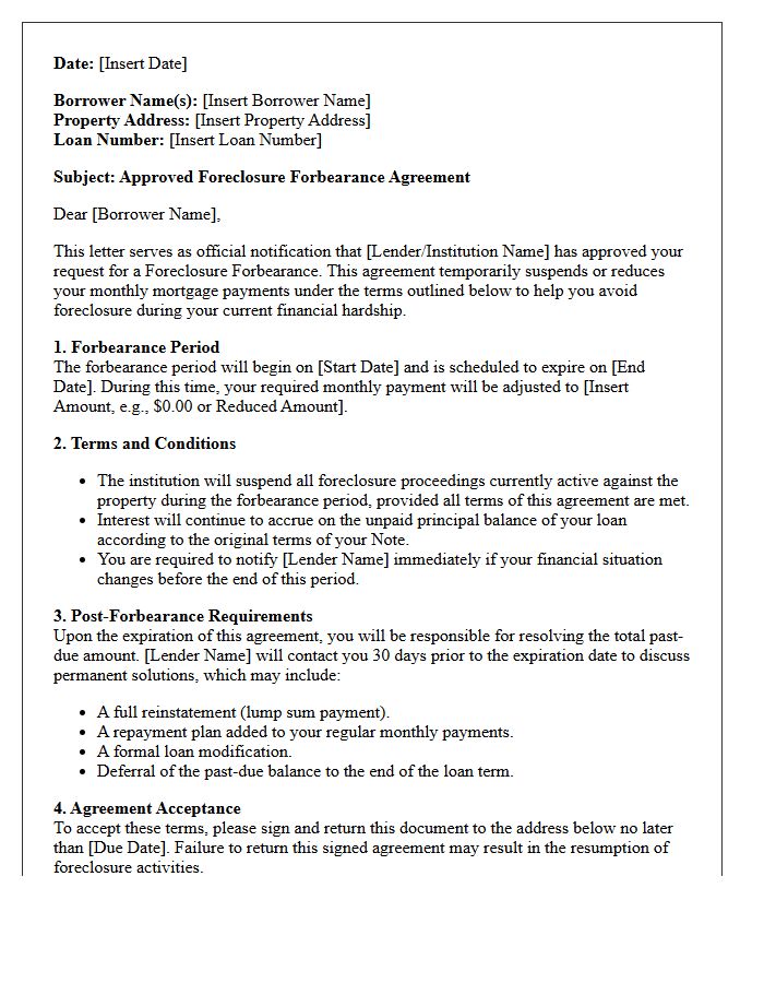Institutional Approved Foreclosure Forbearance Agreement Letter
