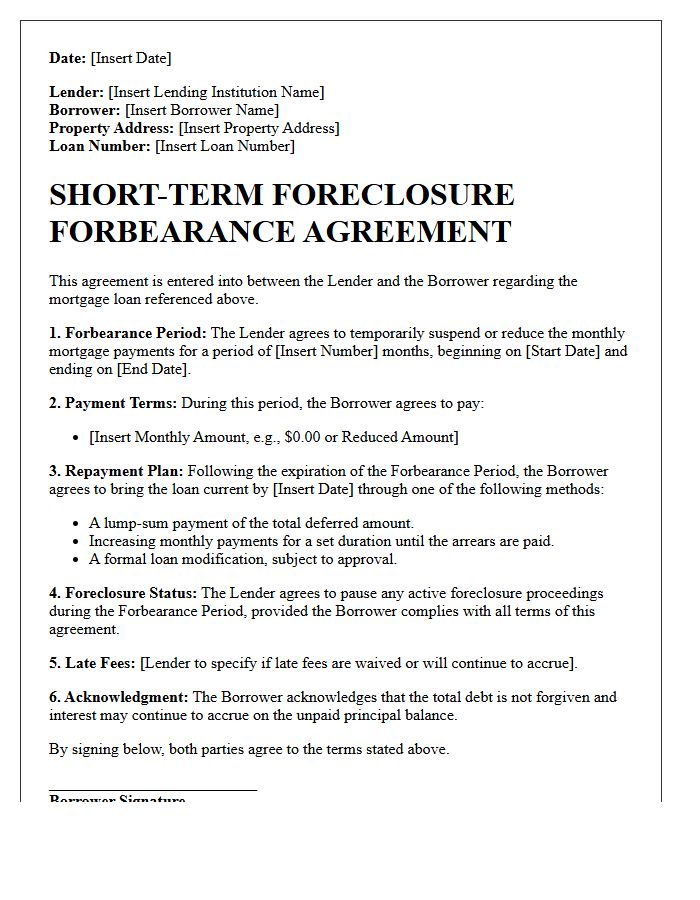 Short-Term Foreclosure Forbearance Agreement Letter