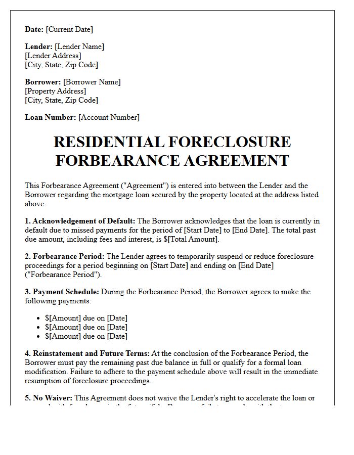Standard Residential Foreclosure Forbearance Agreement Letter