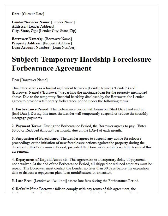 Temporary Hardship Foreclosure Forbearance Agreement Letter