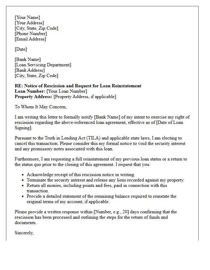 Bank Loan Reinstatement and Rescission Letter