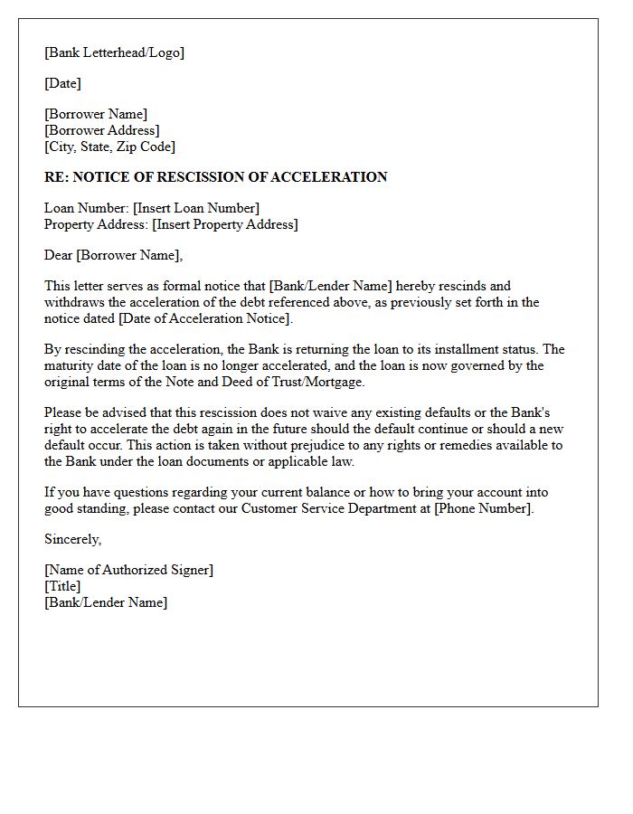 Bank Notice Letter Regarding Rescission of Acceleration