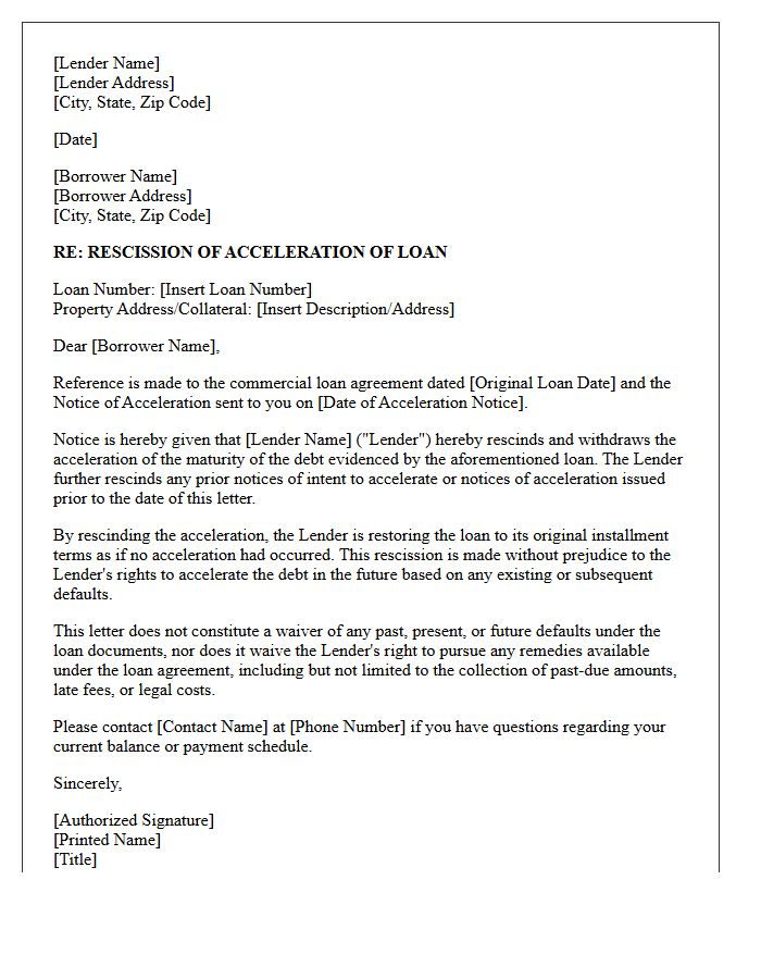 Commercial Loan Rescission of Acceleration Letter