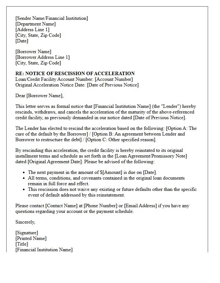 Credit Facility Acceleration Rescission Letter