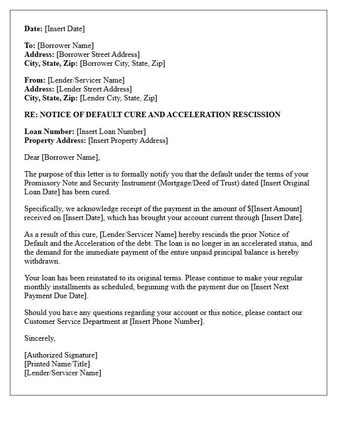 Notice of Default Cure and Acceleration Rescission Letter