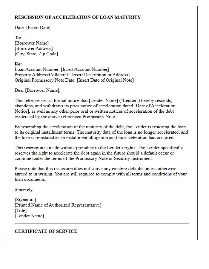 Promissory Note Acceleration Rescission Letter