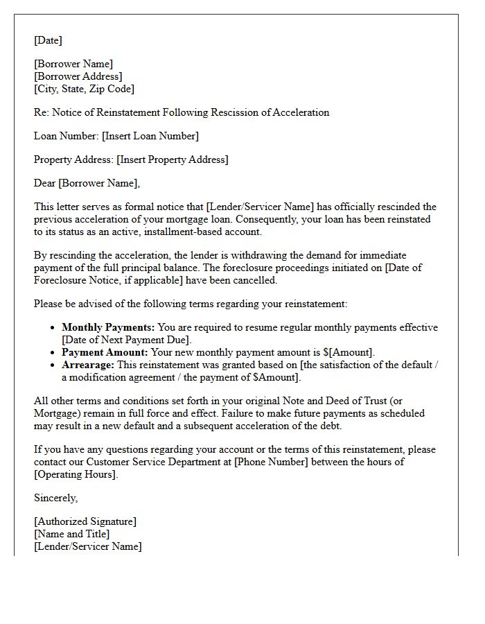 Reinstatement Letter Following Rescission of Acceleration