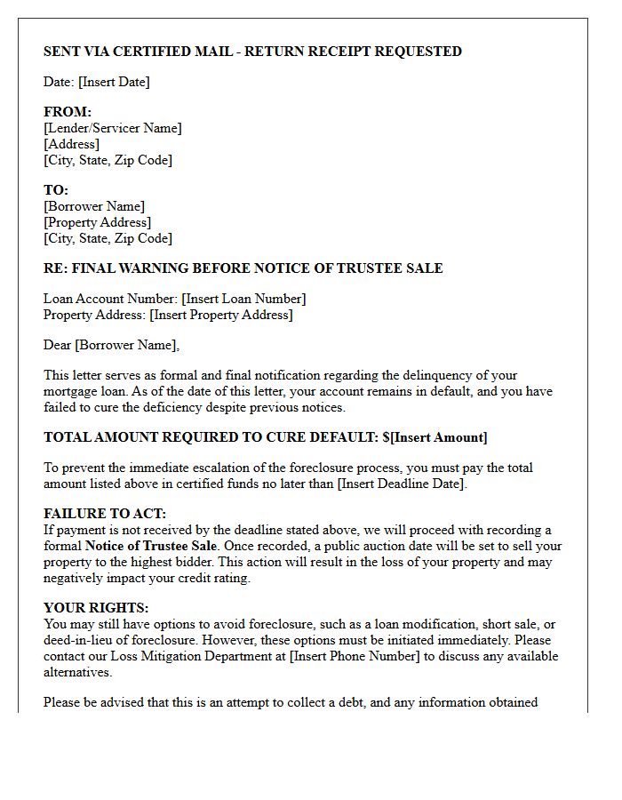 Final Warning Before Notice of Trustee Sale Letter