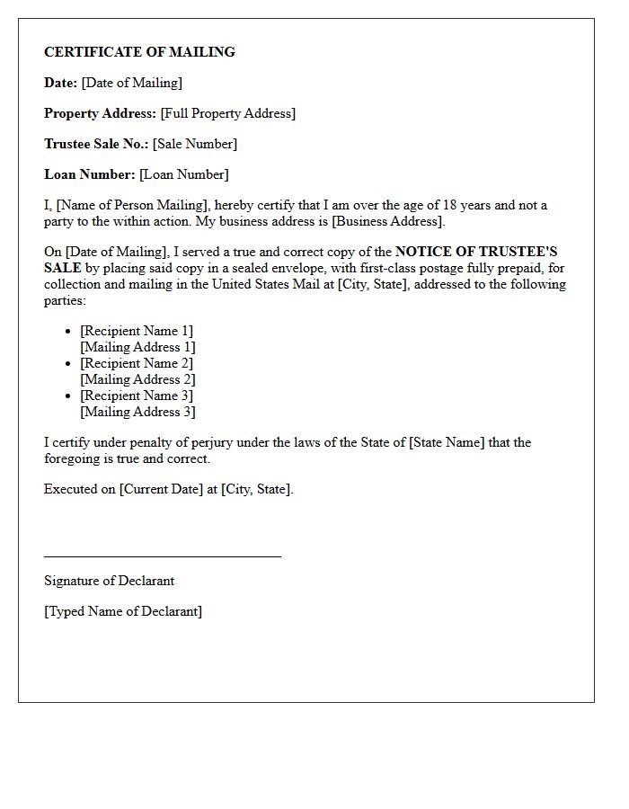 Notice of Trustee Sale Certificate of Mailing Letter