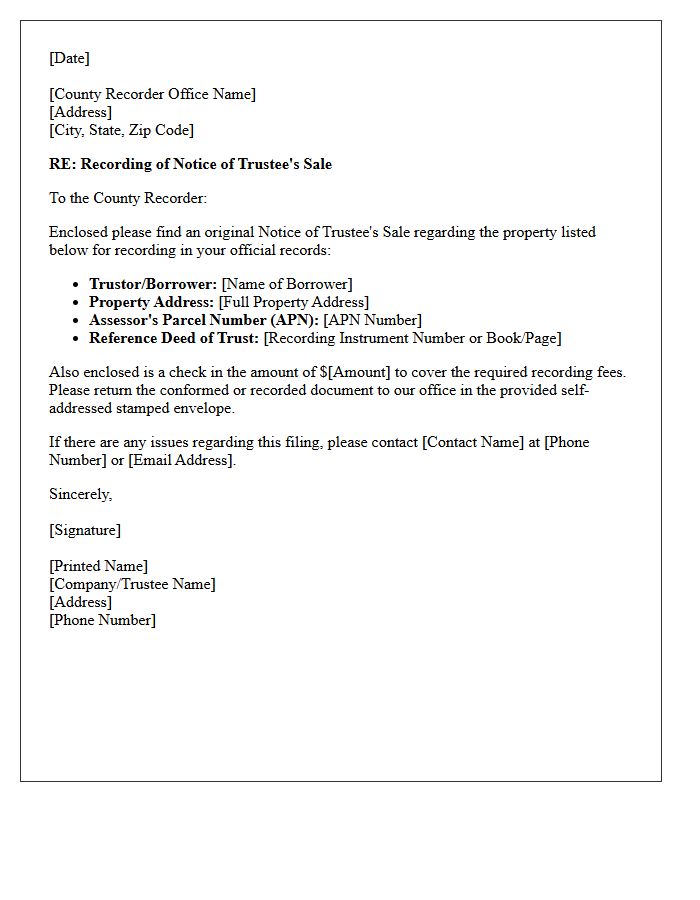 Notice of Trustee Sale Recording Cover Letter