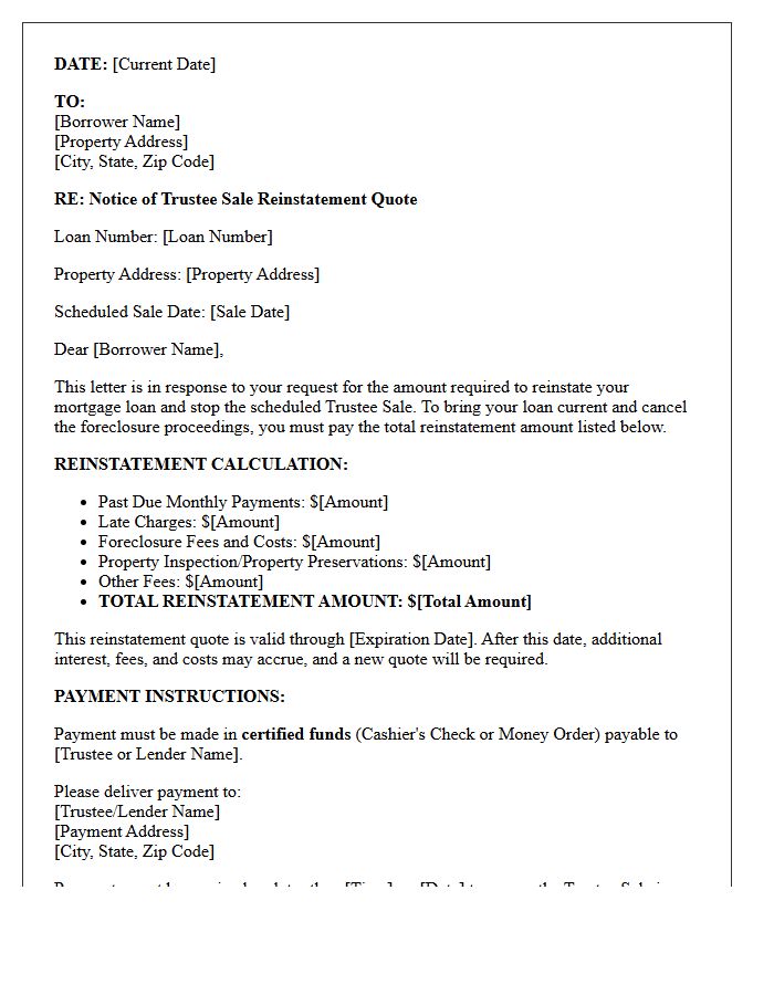 Notice of Trustee Sale Reinstatement Quote Letter
