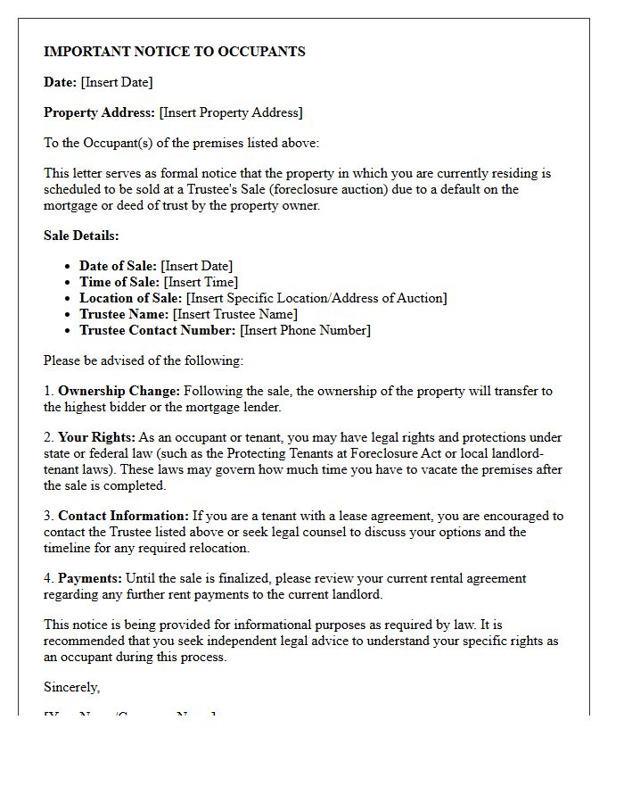 Notice of Trustee Sale to Property Occupant Letter