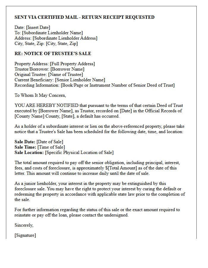 Notice of Trustee Sale to Subordinate Lienholder Letter