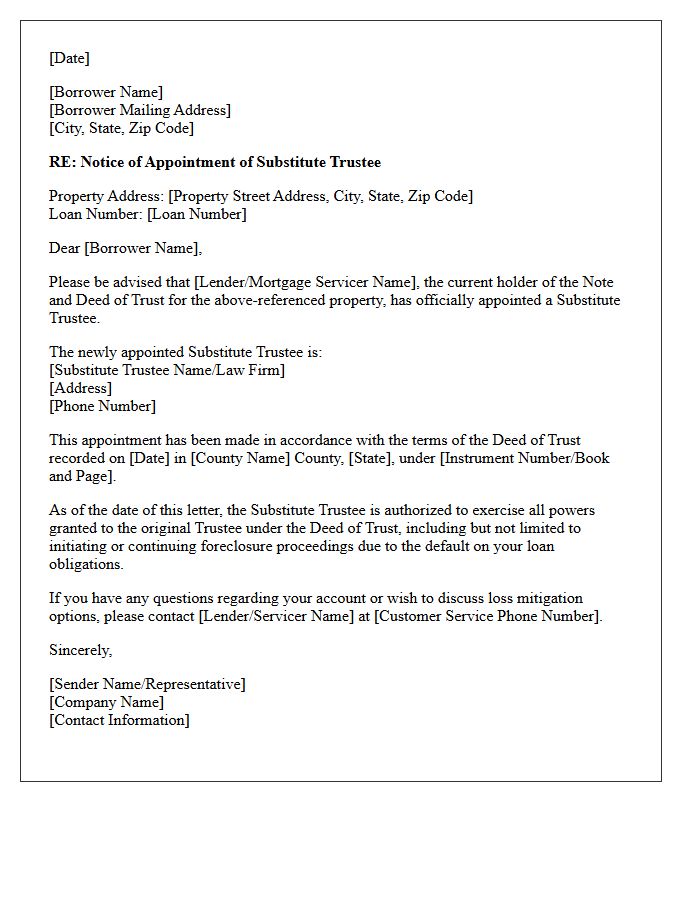 Borrower Notification Letter Regarding Notice of Substitute Trustee Appointment
