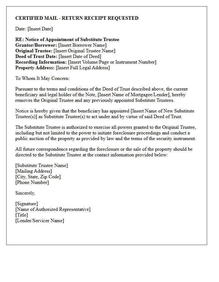 Certified Letter of Notice of Substitute Trustee Appointment