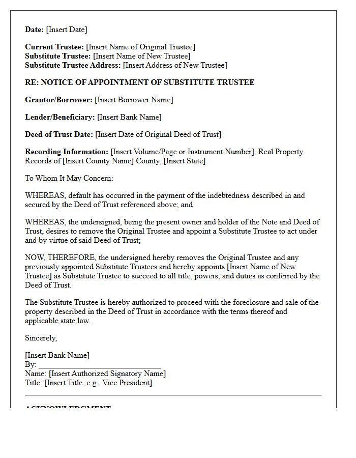 Commercial Bank Letter for Notice of Substitute Trustee Appointment