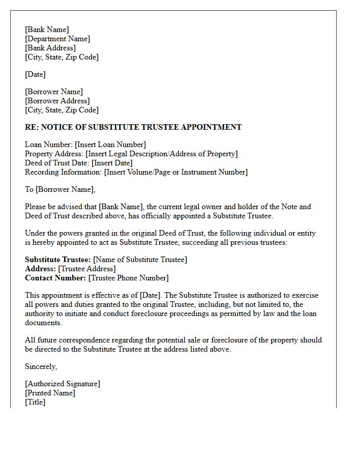 Corporate Banking Letter for Notice of Substitute Trustee Appointment