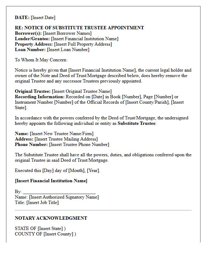 Financial Institution Notice of Substitute Trustee Appointment Letter