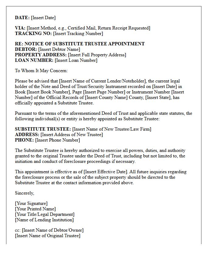 Legal Department Letter for Notice of Substitute Trustee Appointment